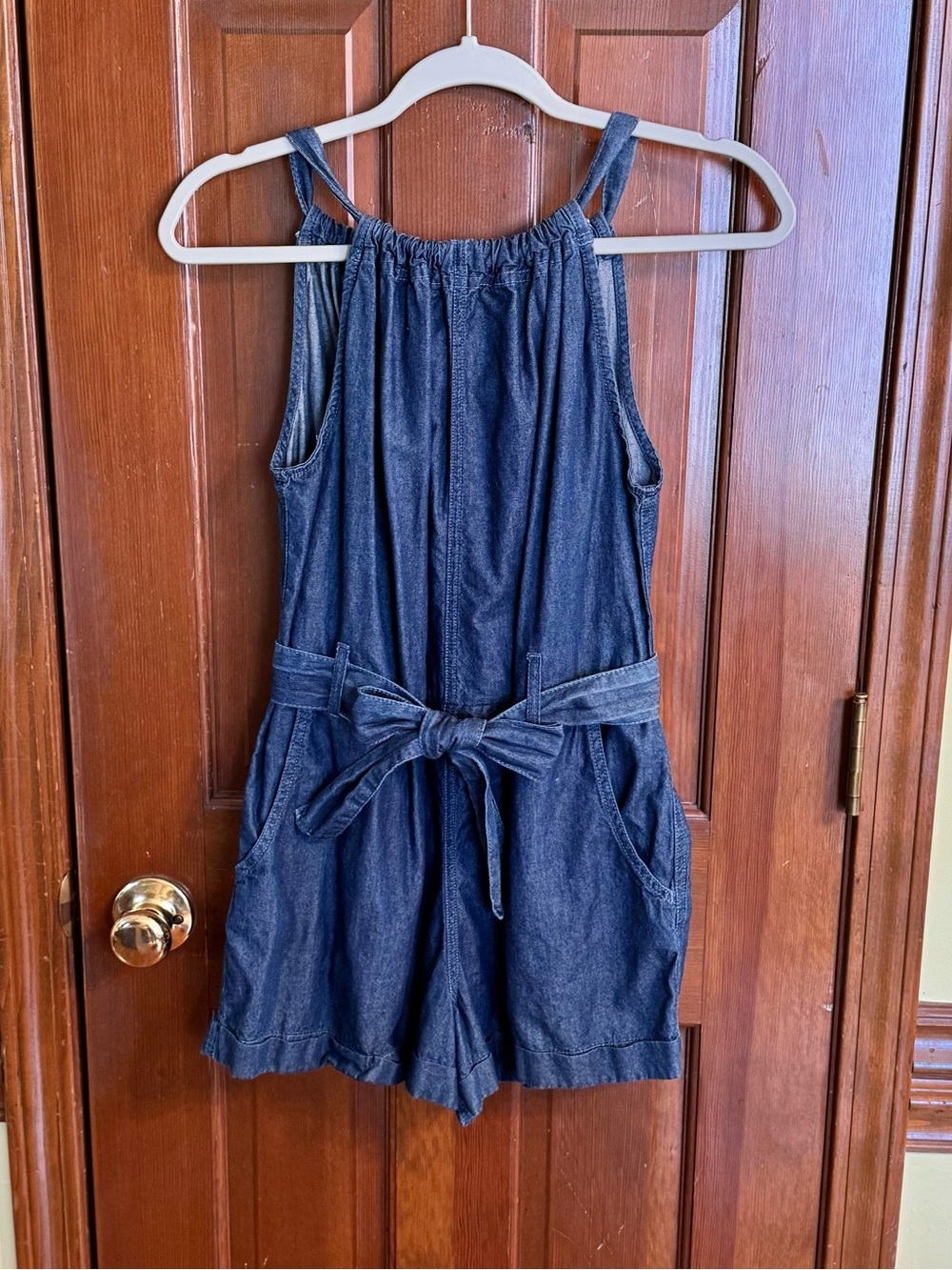 Universal Thread Blue Denim Romper with Tie Waist